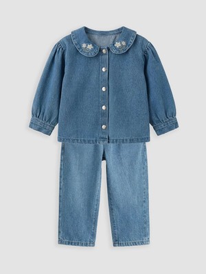 LC Waikiki Lcw Baby Mavi Nakışlı Kız Bebek Jean Gömlek ve Jean Pantolon