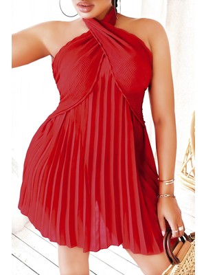 MTM My The Mall Giyim Büyük Beden Kırmızı Fırfırlı Boyundan Bağlamalı Gecelik