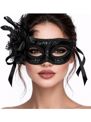 Marsilyan Siyah Venedik Parti Maskesi – Çiçekli Tüylü Payetli
