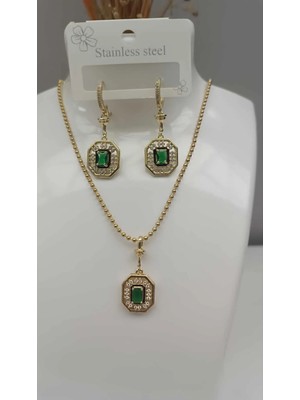 Shop Zümrüt Taşlı Gold Kaplama Paslanmaz Çelik Kolye Küpe Seti – Kararma Yapmaz Şık Kadın Takı