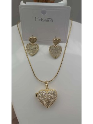 Shop Zirkon Taşlı Kalp Kolye Küpe Seti Altın Renk Işıltılı Şık Kadın Takı Hediyelik