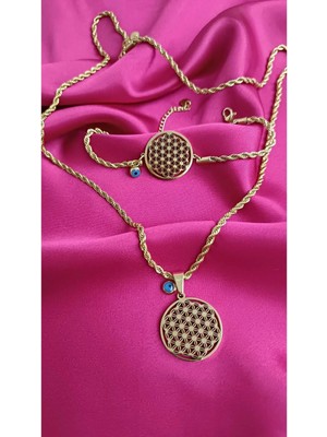 Shop Altın Renk Yaşam Çiçeği Kolye Bileklik Seti Nazar Boncuklu Kadın Takı