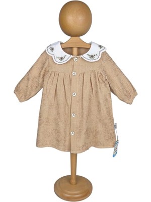 Kız Bebek ve Kız Çocuk Müslin Elbise Yakalı Nakışlı Önden Düğmeli