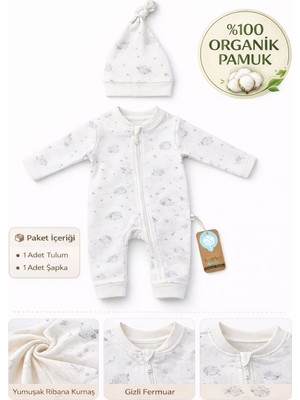 Bubbles Yenidoğan Bebek Tulum+Şapka Takımı %100 Organik Pamuk