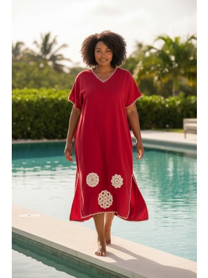 Tosbikotantik Kişiye Özel Tasarım El Örgüsü Motifli Kırmızı Kısa Kollu Şilebezi Elbise