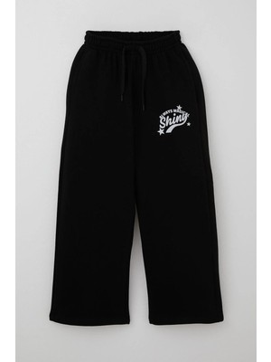 Breeze Kız Çocuk Eşofman Altı Yazı Baskılı Bağcık Aksesuarlı 8-14 Yaş, Siyah