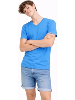 Giyim Center Genç Erkek Çocuk V Yaka Tişört Yazlık Model Günlük Basic Body - Açık Mavi