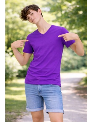 Giyim Center Genç Erkek Çocuk V Yaka Tişört Yazlık Model Günlük Basic Body - Mor