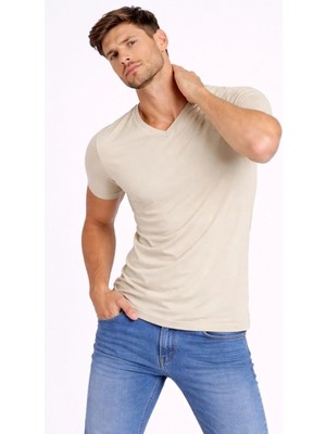 Giyim Center Erkek T-Shirt V Yaka Slim Fit Dar Kesim Likralı Tişört Günlük Basic Body - Taş