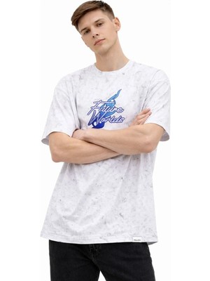 Giyim Center Erkek Asit Yıkamalı Oversize Tişört Future Worlds Baskılı Bisiklet Yaka Kısa Kollu Streetwear %100 Pamuk Street Style T-Shirt - Beyaz