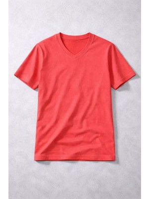 Giyim Center Genç Kız Çocuk V Yaka Tişört Yazlık Model Günlük Basic Body - Nar Çiçeği