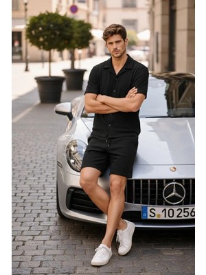 Giyim Center Erkek Waffle Kumaş Kısa Kollu Gömlek Şort Takım Regular Fit Yazlık Ikili Set - Siyah