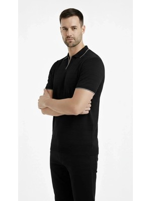 Giyim Center Erkek Triko Kumaş Yakalı Düğmesiz Açık Yaka Fitilli Kısa Kollu Regular Fit Tişört T-Shirt - Siyah