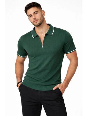 Giyim Center Erkek Fermuarlı Yaka Fitilli Triko Kısa Kollu Regular Fit Tişört T-Shirt - Yeşil