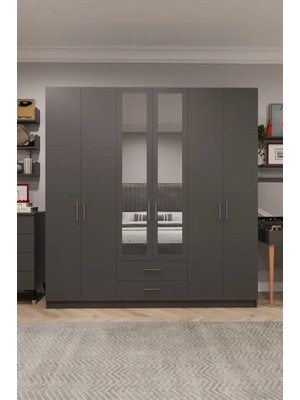 Kone Haus Dlückken 6 Kapılı Koyu Gri 240 cm Gardırop KH2726