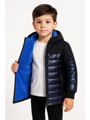 Giyim Center Erkek Çocuk Kamuflaj Desenli Mont Içi Sıcak Tutan Pelüş Astarlı, Kapüşonlu, Fermuarlı Kışlık Su Itici Şişme Mont - Lacivert