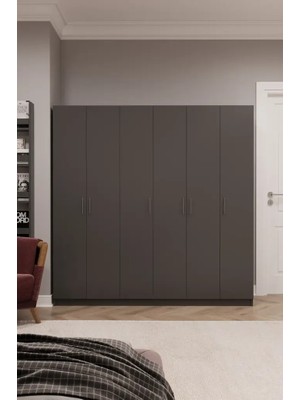 Kone Haus Mettea 6 Kapılı Koyu Gri 180 cm Gardırop KH2740