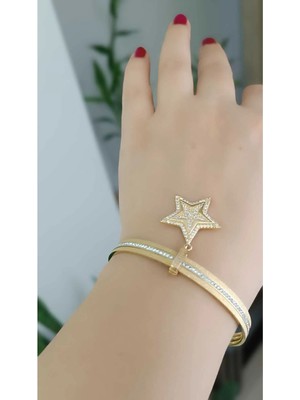 Shop 316L Çelik Özel Tasarım Şık 3'lü Simli Taşlı Charmlı Ajda Bilezik