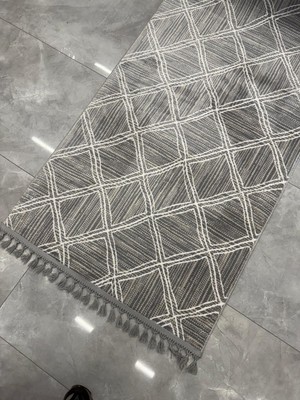 Plato Halı Parantez 4169 Gri Kaymaz Taban Yolluk Makinede Yıkanabilir Halı Gri Düğüm Saçaklı