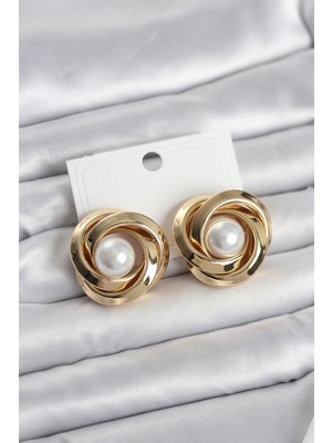 E-Woman Pirinç Gold Renk Sarmal Model Incili Kadın Küpe - Lisinya