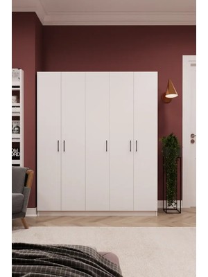 Kone Haus Pettea 5 Kapılı Beyaz 150 cm Gardırop KH2748