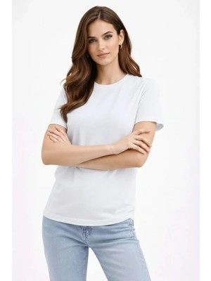 Queene Dreams Bisiklet Yaka Tişört Regular Kalıp Basic Pamuklu Günlük Kullanım T-Shirt - Beyaz