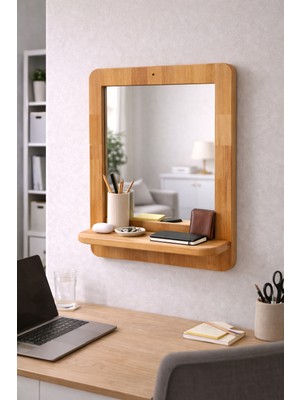 Dingoda Kayın Masif Duvar Aynası – Raflı Dekoratif Ayna (37×47 Cm)