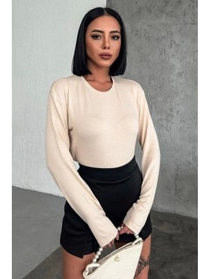 Aesco Rahat ve Şık Uzun Kollu Bisiklet Yaka Likralı Viskon Penye Body Bej ( Lisinya )