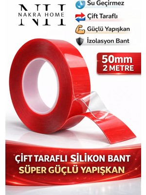 Nakra Home Çift Taraflı Silikon Bant Iz Bırakmaz Şeffaf Bant Süper Güçlü Duvar Çerçeve Taşıyıcı (50 mm x 2 M)