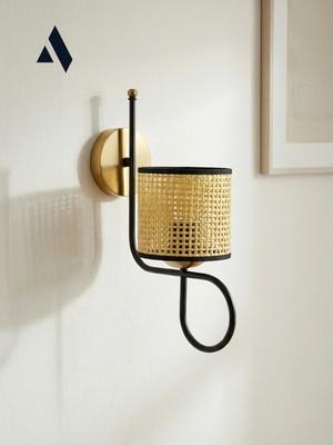 Alldesco Bohemia Hasır Şapkalı Duvar Apliği – Gold Kaplama Metal Gövde | E27 Duy, Boho Dekoratif Aydınlatma