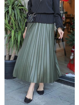 Aesco Zarif ve Modern Pileli Parlak Krep Gizli Lastikli Haki Etek ( Lisinya )
