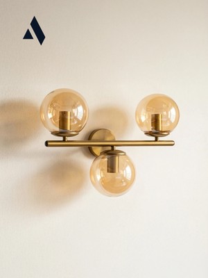 Alldesco Trivon Üçlü Cam Aplik – Beyaz & Bal Renk Seçenekli, Gold Metal Gövde | Modern Duvar Aydınlatma
