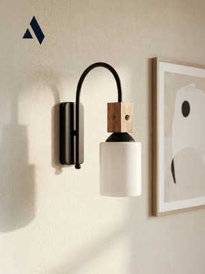 Alldesco Altira Ahşap Süslemeli Duvar Apliği – Rustik Modern Stil, Opal ve Bal Camlı