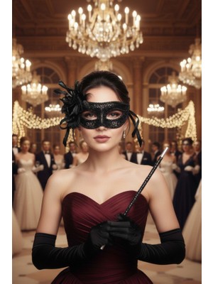 1920'LER Gatsby Kostüm Seti - Çiçekli Payetli Maske, Uzun Saten Eldiven ve Payetli Sigara Tutucu