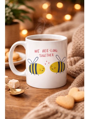 Model 24 We Bee-Long Together Yazılı Sevimli Arı Tasarımlı Porselen Kupa - Sevgiliye Arkadaşa Özel Hediye