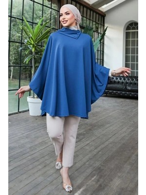 Aesco Düğme Detaylı Şık Tasarımlı Mavi Şal Yaka Panço ( Lisinya )