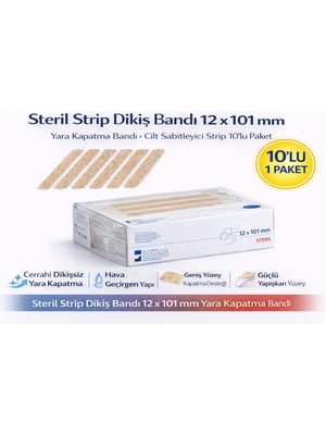 Bezos Steril Strip Dikiş Bandı 12 x 101 mm Yara Kapatma Bandı Cilt Sabitleyici Strip 10’lu Paket