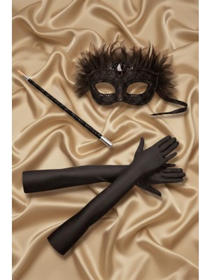1920'LER Gatsby Temalı Aksesuar Seti - Tüllü Maske, Uzun Eldiven ve Payetli Sigara Tutucu