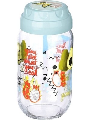 EkoAlışverişDünyam Vintage  Dekoratif  Desenli Cam Kavanoz 1000 ml - 33,8 Oz - Avokado