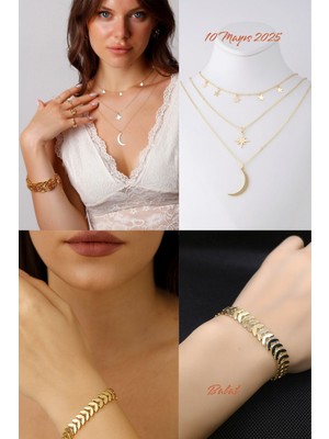 Sinerjim 2'Lİ Set - Kutup Yıldızı Ve Hilal Figürlü Kombin Kolye, Balık Kılçığı Yassı Gold Kaplama Bileklik SNJ-SET1003