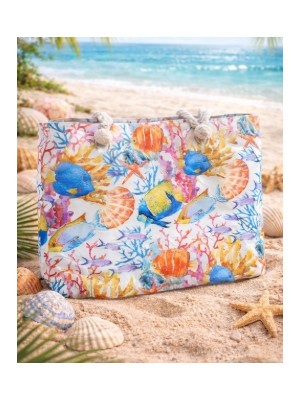 Lavinya Kadın Deniz Desenli Büyük Plaj Çantası – Balık & Mercan Baskılı Omuz Çantası