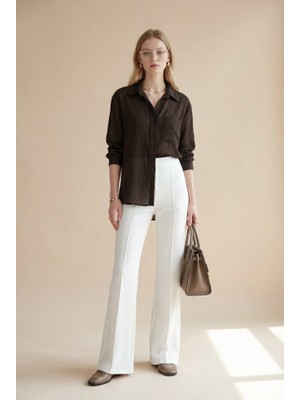 V Yaka Tek Cepli Tensel Yarı Transparan Çizgili Gömlek -K. Kahve