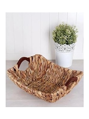 Starseven Kosova Wicker Serisi Bezli Diktördgen Ahşap Kulplu Hasır Ekmek Sepeti
