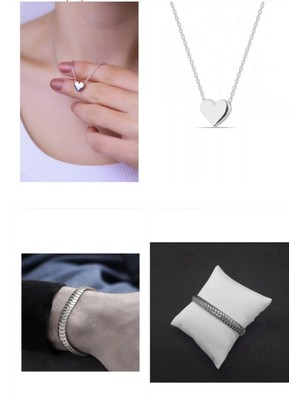 Sinerjim 2'Lİ Set - Gümüş Renk Taşsız Kalp Kolye, Unisex Yassı Tırtıl Birbirine Geçmeli Bileklik SNJ-SET1010