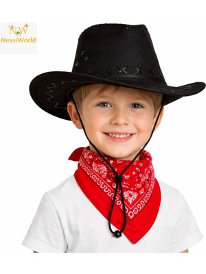 NW NessiWorld Çocuk Kovboy Şapka Siyah &amp; Kırmızı Bandana Seti