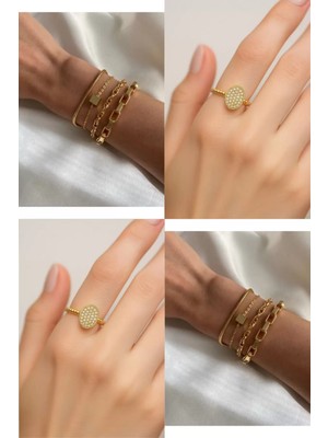 Sinerjim 2'Lİ Set - Küp Detaylı Dörtlü Kombin Bileklik, Altın Renk Oval Motif Zirkon Yüzük Ayarlabilir SNJ-SET1005