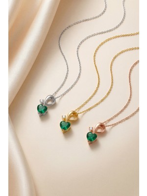 Evas Jewellery 925 Ayar Gümüş Kalp Kesim Zümrüt Kolye – Doğal Pırlantalı – 14 Ayar Altın & Rose Kaplama