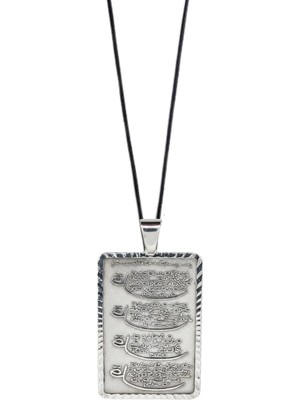 Oya Silver Gümüş Dikdörtgen Lazer Işleme 4 Kul Sureleri Yazılı Dua Kolye 5.5x3.2 cm [OYSY193]