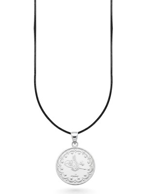 Oya Silver Osmanlı Tuğralı Çift Taraflı Gümüş Sikke Kolye 3.1x1.3 cm [OYSY204]