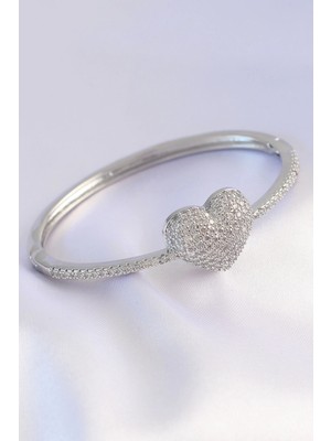 Aylina Mey Ithalat® Vip Seri Pirinç Zirkon Taşlı Gümüş Renk Kalp Model Kelepçe